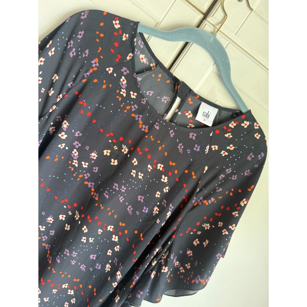 Cabi Womens Floral Flutter Sleeve Shift Dress Black Multi Color Ruffle Hem M